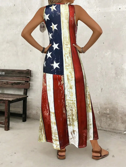 Women's Casual Long Tank Dress With American Flag Print- Round Neck Summer Sundress, Casual Vacation Outfit
