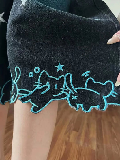 Summer Womens Oversized Jeans Elastic High Waist Cartoon Cat Embroidery Capri Pants Woman Denim Pants Wide Leg Girl Cute Jean