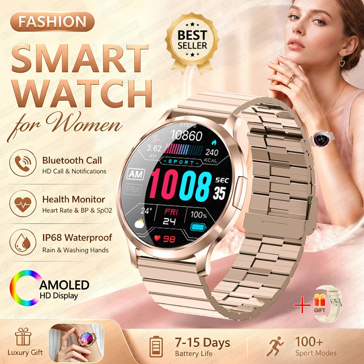 Fashion Women Smart Watch 1.32”AMOLED 100+dials Heart Rate Blood Oxygen Blood Pressure Monitoring Waterproof Give a Gift 2026New
