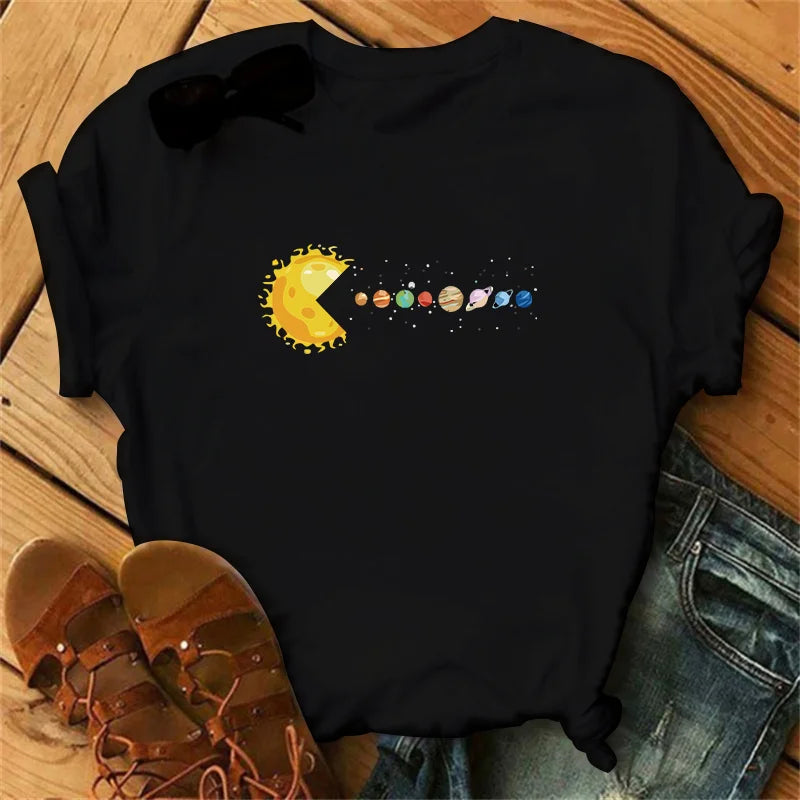 Planetary-themed solar system print T-shirt for women, luxury brand T-shirt, summer fashionable short-sleeved T-shirt