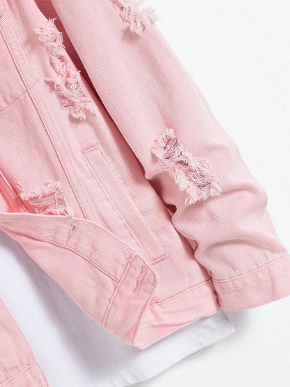 Men's denim jacket for spring and autumn. Pink ripped denim jacket. Daily casual. Fashionable and trendy.
