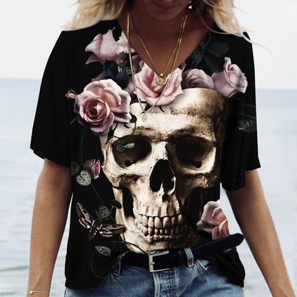 Skulls T-shirt Women's Shirt Fashion Short Sleeve New Casual Top Tee Ladies Girl Clothing V Neck T Shirt For Women