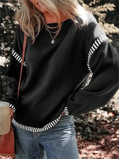 Sweaters For Women Fashion Solid Crewneck Pullover Loose Fit Long Sleeve Contrast Cable Knit Sweater Jumper Top