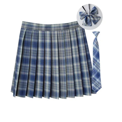 Women Summer Plaid Pleated Skirt With Necktie Bowtie Korean Jk Skirt Uniform Japanese School Preppy A Line Mini Skirts