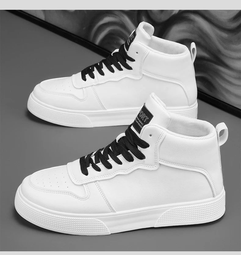 Men's Spring-Autumn New Style High-Top Canvas Shoes Trendy Height-Adding Lace-Up Multi-Functional White Sneakers Flat Shoes Men'