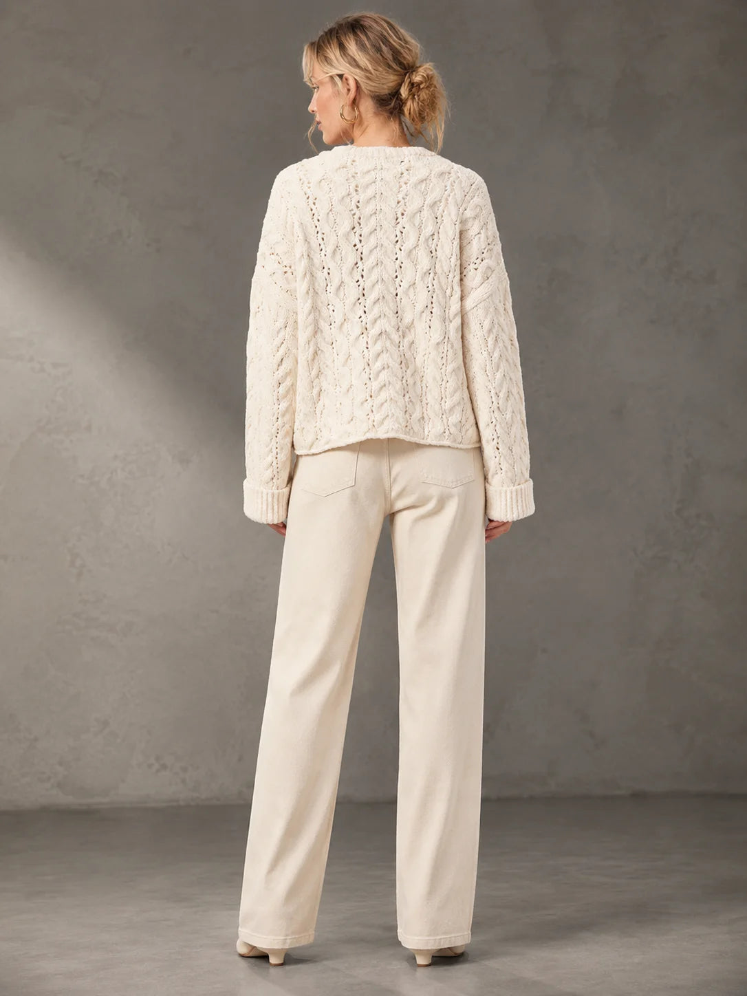 Oversized Chunky Cable Knit Henley Sweater for Women, Half Button V‑Neck Cropped Long Sleeve Pullover, Loose Casual Textured Knit Jumper