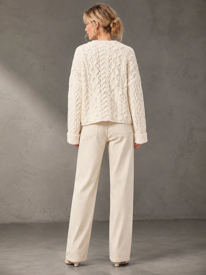 Oversized Chunky Cable Knit Henley Sweater for Women, Half Button V‑Neck Cropped Long Sleeve Pullover, Loose Casual Textured Knit Jumper
