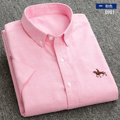 New Men's Social Shirt Short Sleeve 100% Pure Cotton Oxford Soft Buttoned Plaid Formal Male Clothes Pocket Social Shirt S-7XL