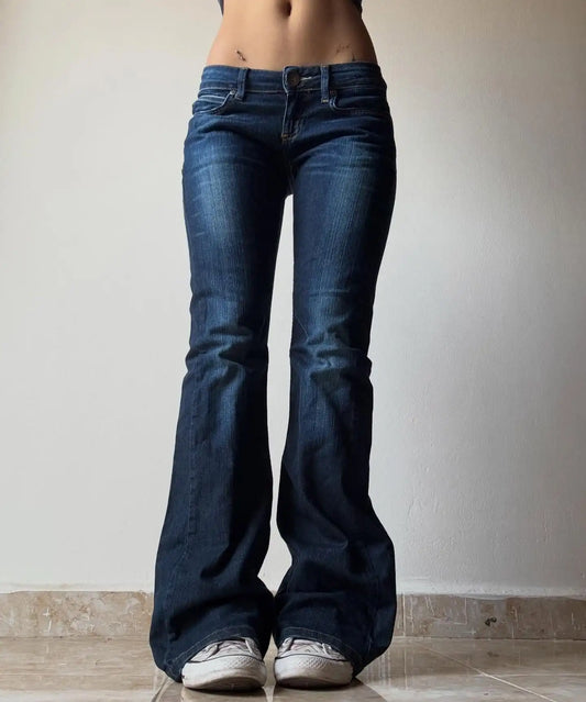 Women Retro Pants Basic Slim Fit Deep Blue Bootcut Jeans Casual Low Waist
