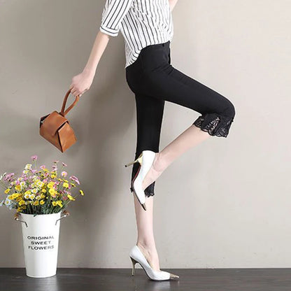 Summer Women Clothing Flare Capris Pants Thin Splicing Lace Korean Fashion New Elastic High Waist Solid Casual Slim Trousers