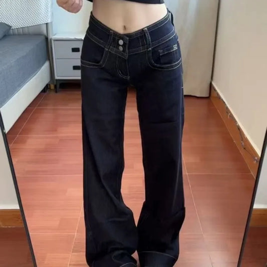 Womens Jeans New American Style Double Waist Button Bootcut Loose Fit Low Rise Straight Leg Pants Not Tight
