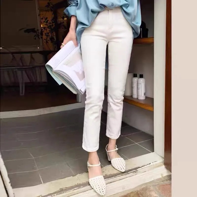 High Waist Straight Leg Jeans Women's ort Stature 50cm Slim Elastic Nine-Tenths e Tube Pants Spring Summer Apricot