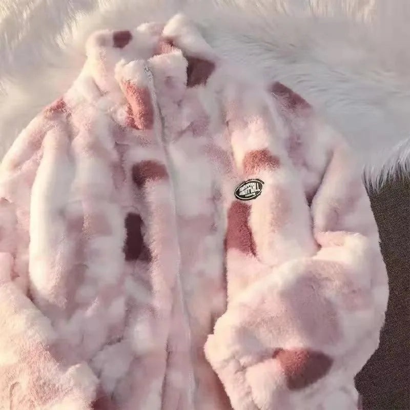 New Women's Tie Dye Lamb Fleece Jacket Autumn Winter Zipper Outerwear Warm Plush Jackets