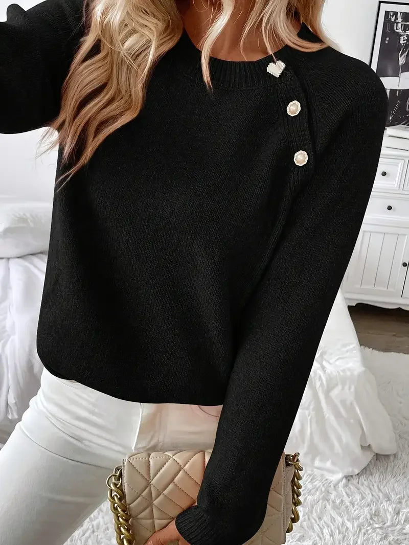 Women Asymmetrical Gold Button Crew Neck Knit Sweater, Soft Solid Long Sleeve Casual Pullover Jumper For Spring Autumn Daily Wear