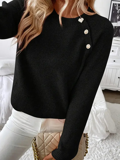 Women Asymmetrical Gold Button Crew Neck Knit Sweater, Soft Solid Long Sleeve Casual Pullover Jumper For Spring Autumn Daily Wear