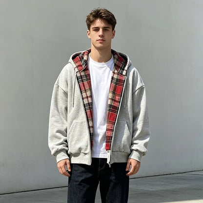 Autumn new hoodie with plaid lining and zipper cardigan, double-sided hoodie, street original style jacket for men