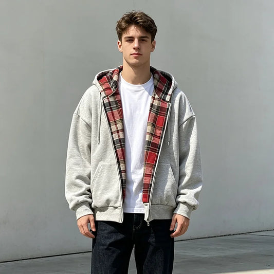 Autumn new hoodie with plaid lining and zipper cardigan, double-sided hoodie, street original style jacket for men