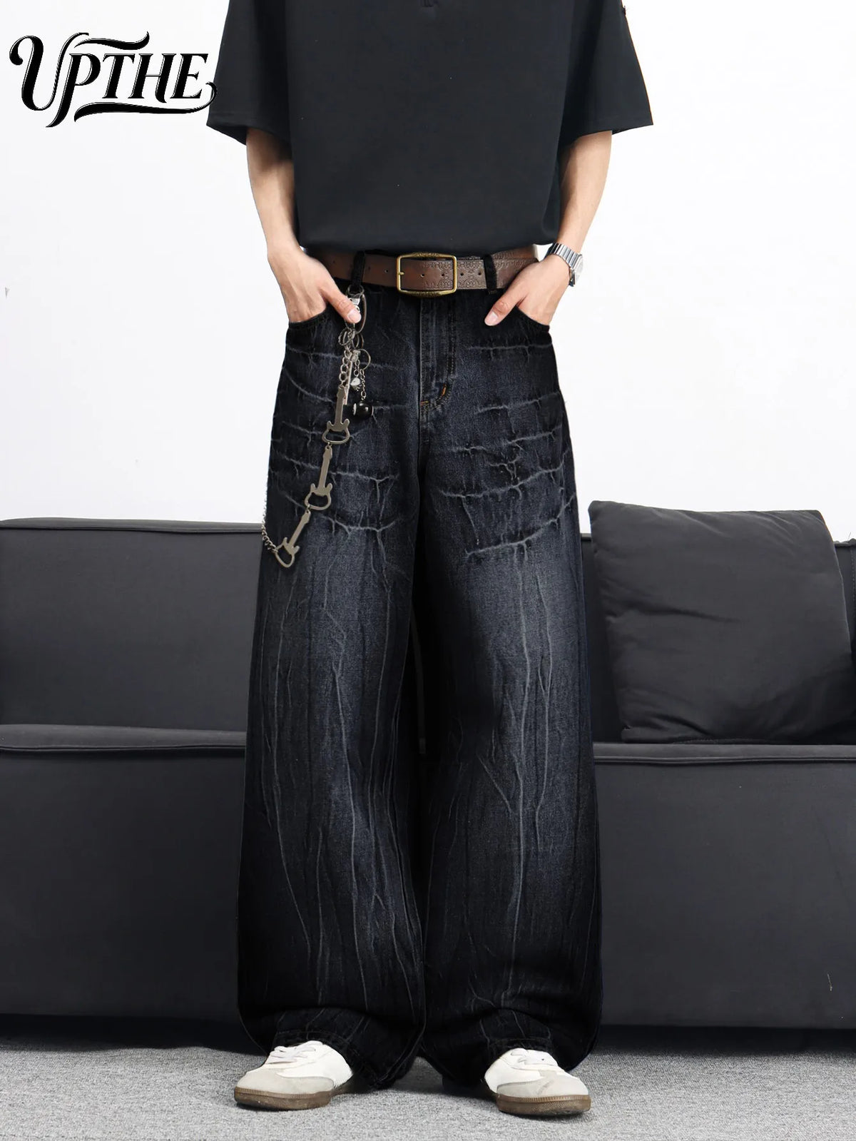 UP.THE Men Black Gradient Cracked Wash Baggy Wide Leg Jeans, Y2K Oversized Loose Distressed Denim Pants, Grunge Streetwear Trousers for Daily Outfits