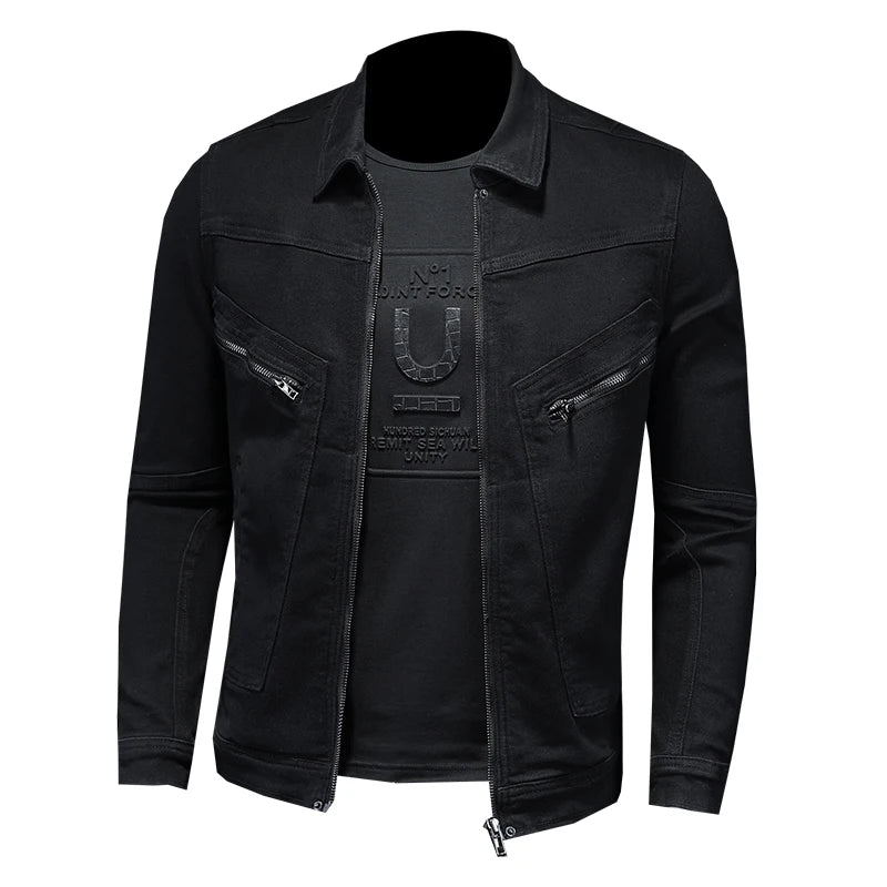Men's High-Quality Fashion Handsome Trend Classic Denim Jacket Black Gold Zipper Biker Multi-Zip Winter Snow Jacket
