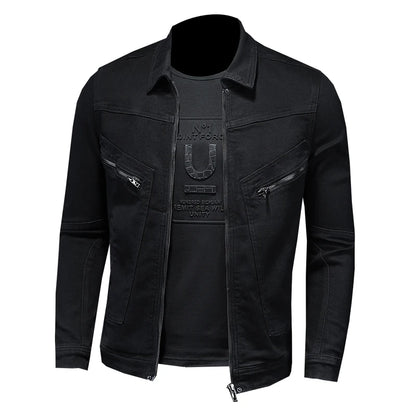Men's High-Quality Fashion Handsome Trend Classic Denim Jacket Black Gold Zipper Biker Multi-Zip Winter Snow Jacket