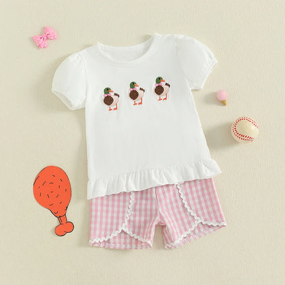 Girls Summer 2 Piece Outfits Sleeveless Floral Print Tops and Denim Shorts Sets with Bow Detail