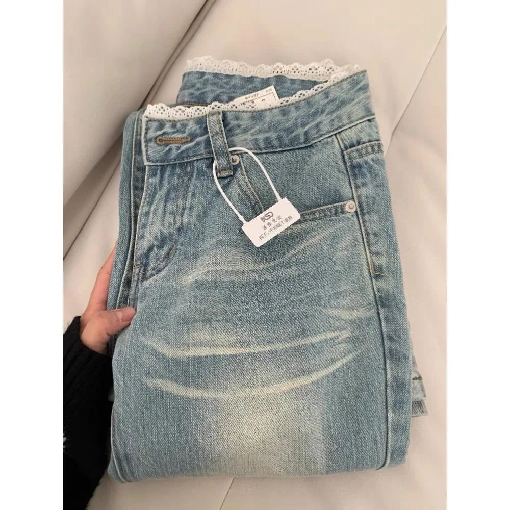Botvotee Retro Classic American Vintage Denim Jeans for Women Low Waisted Straight 1950s/1960s Inspired Jeans Light Blue Pants