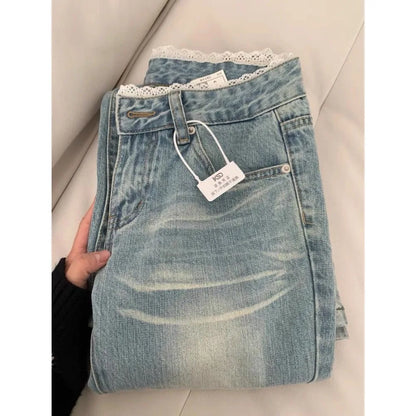 Botvotee Retro Classic American Vintage Denim Jeans for Women Low Waisted Straight 1950s/1960s Inspired Jeans Light Blue Pants