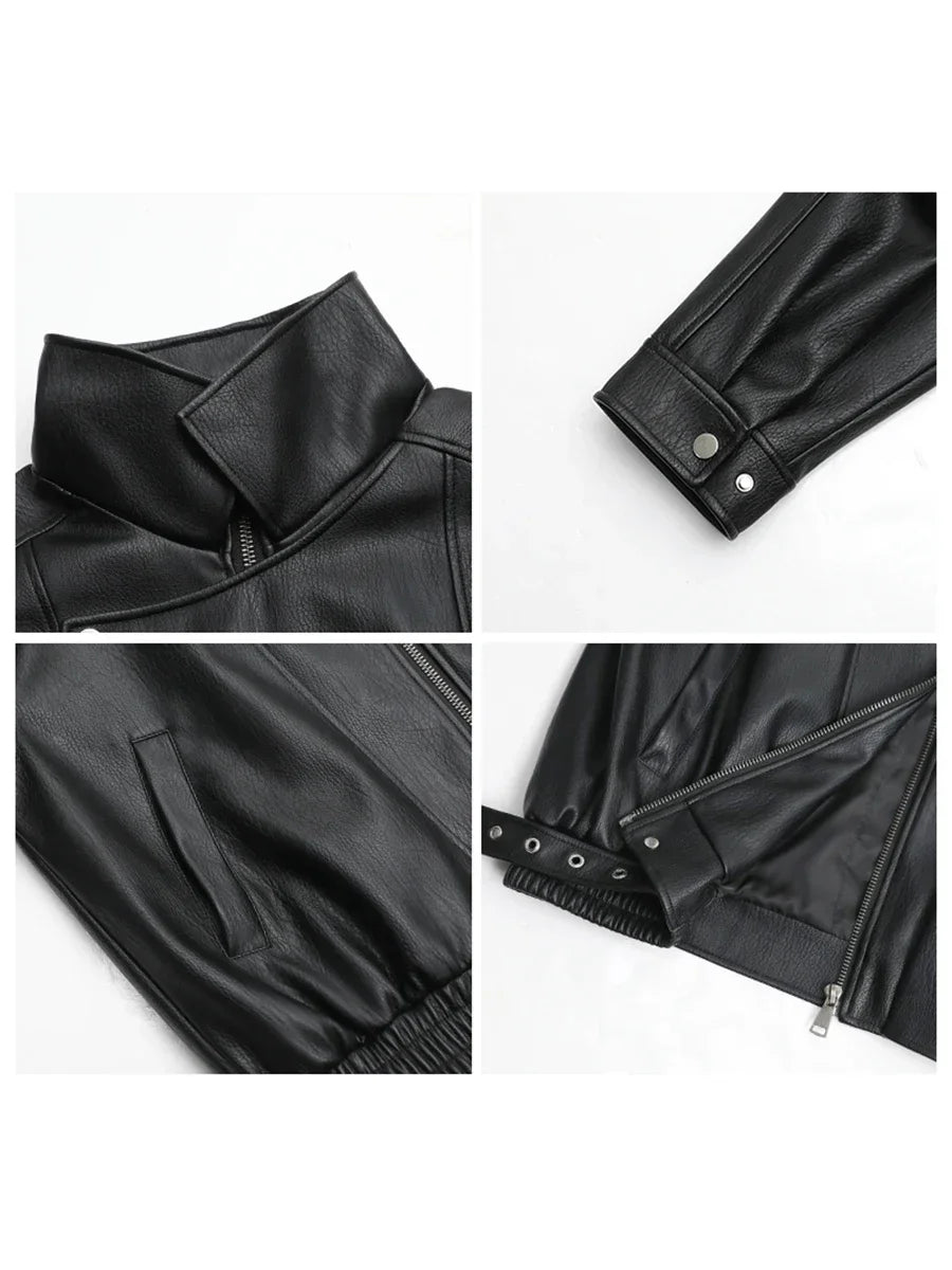 CHIC VEN Woman PU Jacket Solid Loose New Retro Standing Collar Motorcycle Faux Leather Coat Female Top Spring Autumn 2026