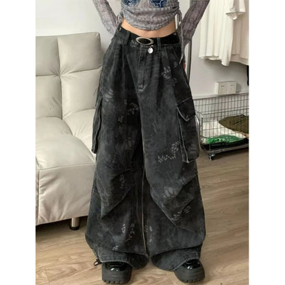 American retro high street design with snake pattern multi pocket workwear jeans for women high waisted and loose wide leg pants