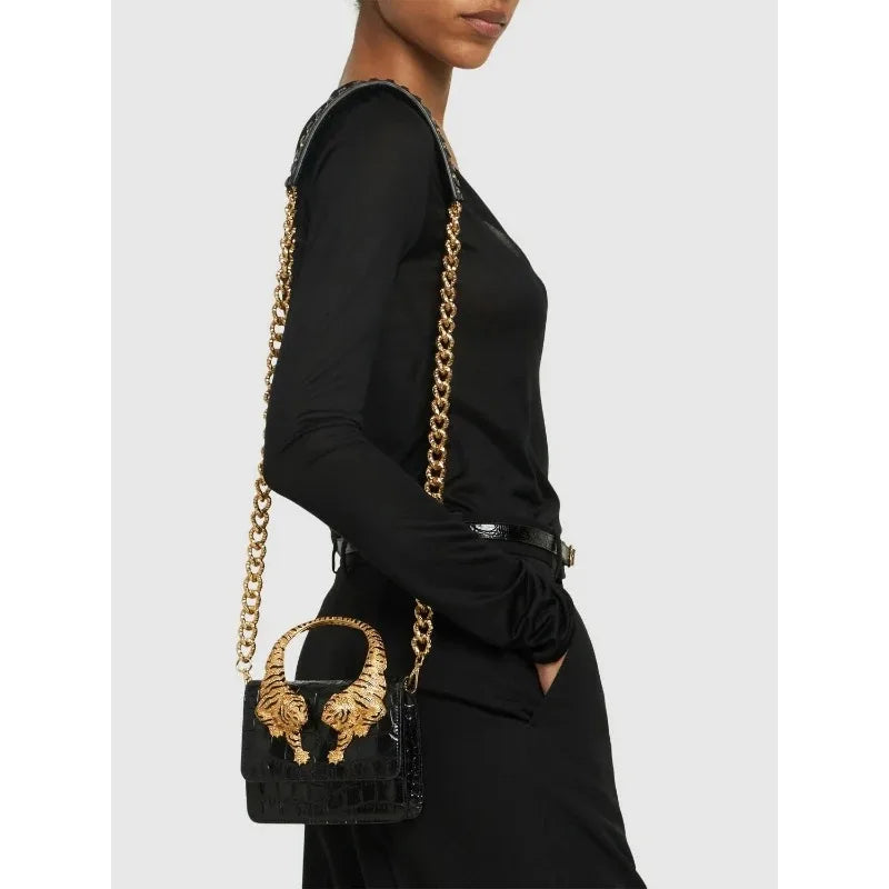 Roar Croc Embossed Handbag Women Genuine Crocodile Scale-effect Leather Signature Tiger Motif Crystal Embellishment Shoulder Bag