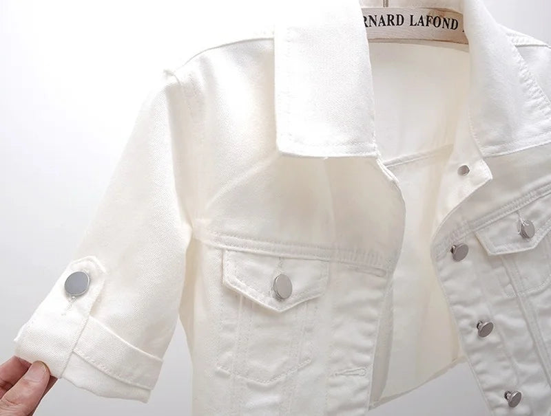 Summer White Short Women Denim Jacket Thin Slim Outerwear Half Sleeve Jeans Jackets Female
