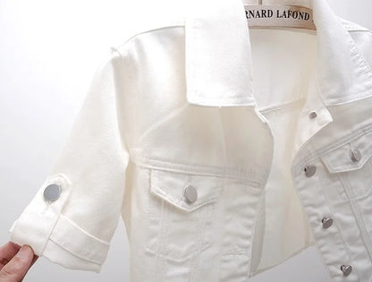 Summer White Short Women Denim Jacket Thin Slim Outerwear Half Sleeve Jeans Jackets Female