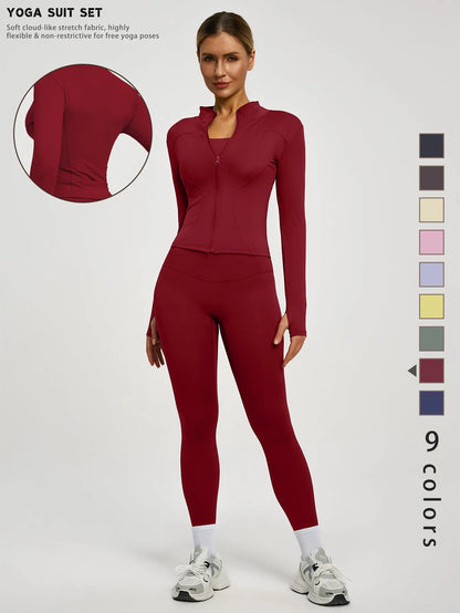Fitfemme 2Pcs Women's Spring Yoga Sport Suit High Waist Legging Jacket Lifting Running Pants Outdoor Set