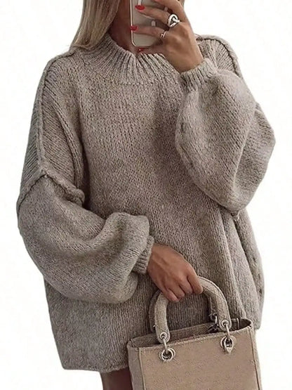 Women's Oversized Pullover Sweaters  Fall Winter Mock Neck Lantern Sleeve Crochet Casual Knitted Jumper Tops Solid Color Loose Blouse