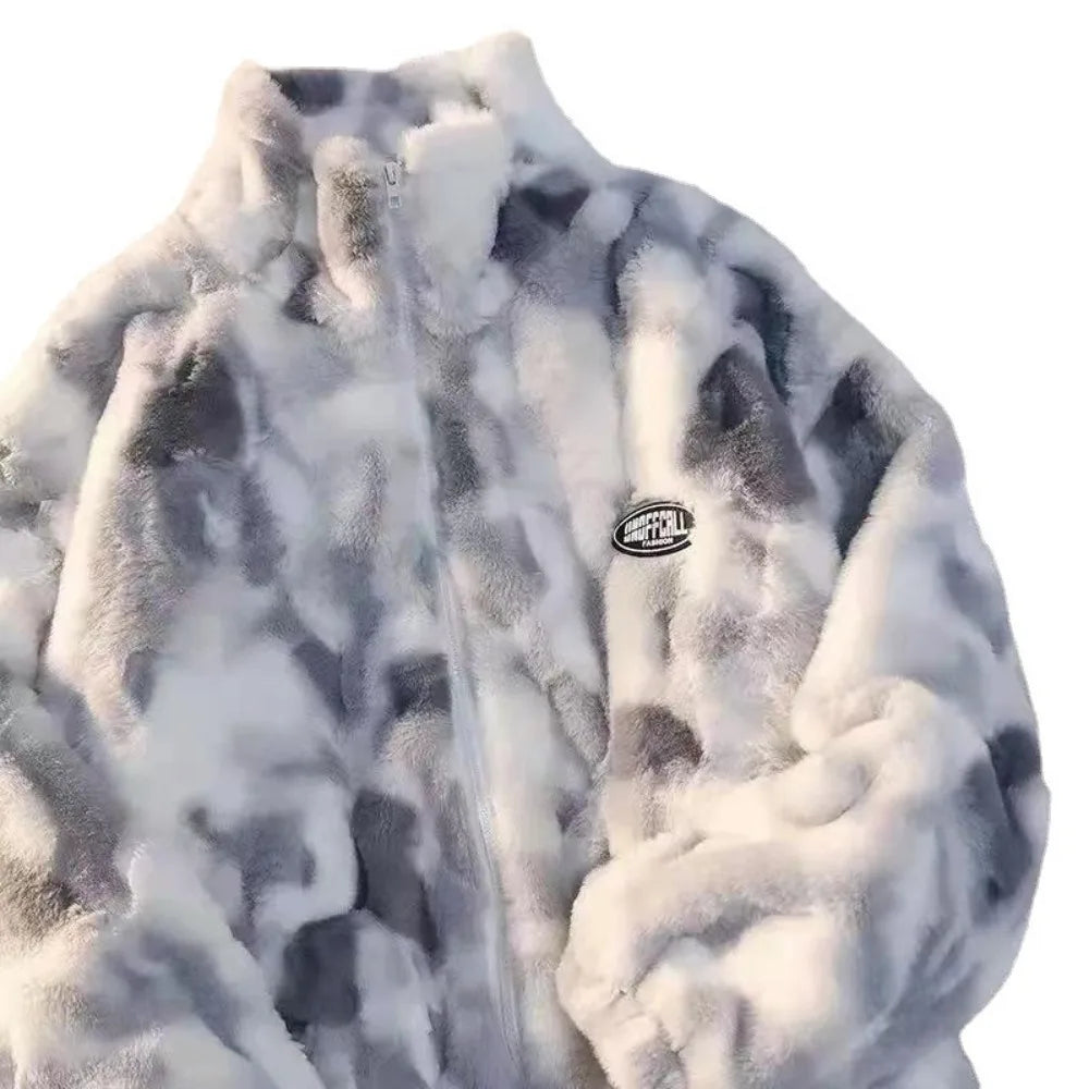 New Women's Tie Dye Lamb Fleece Jacket Autumn Winter Zipper Outerwear Warm Plush Jackets