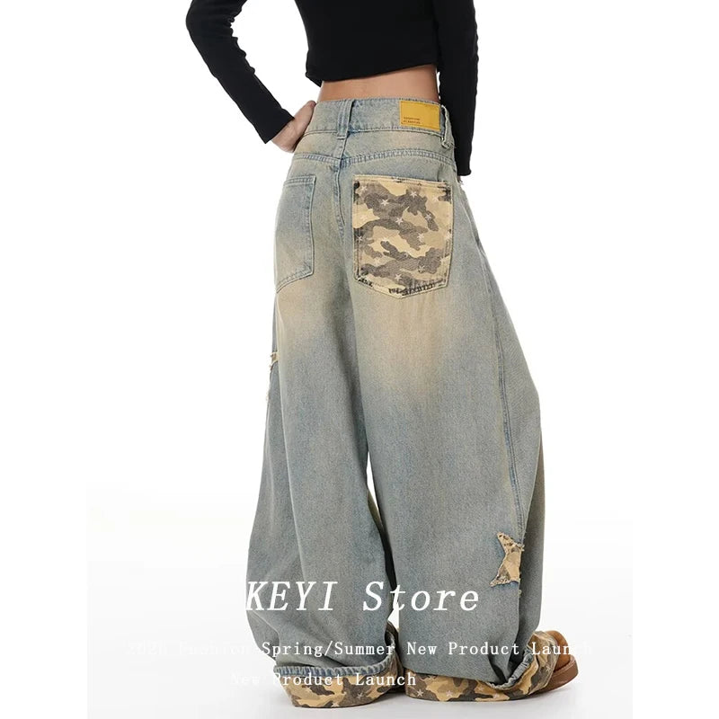 American Retro Y2K Style Star Patchwork Baggy Women's Jeans Pants  Clothing Washed Blue Wide Leg Loose Denim Trousers