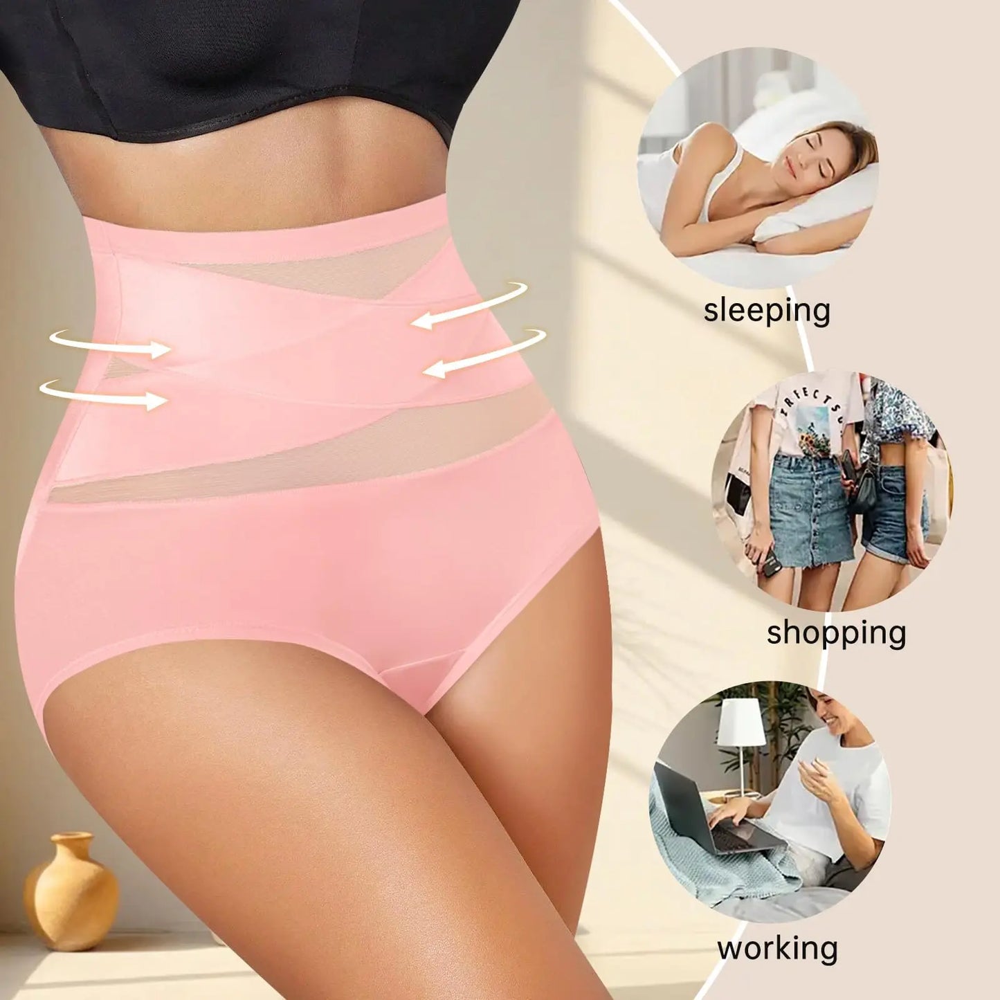 4pcs High Waisted Women's Panties Breathable Tummy Control Shapewear Mesh Cross Tummy Cinching Ice Silk No Trace Triangle Panties Tummy Tuck Shape