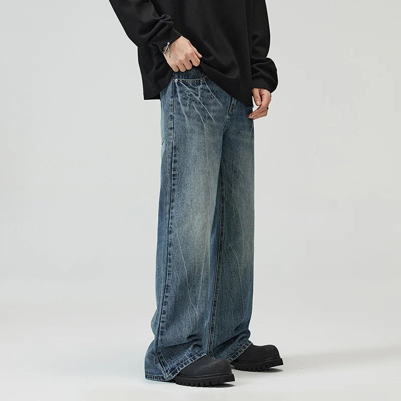 QICHE Men Lightning Crack Wash Flare Jeans American Vintage Loose Trendy Designer Denim Trousers