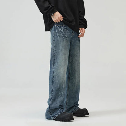 QICHE Men Lightning Crack Wash Flare Jeans American Vintage Loose Trendy Designer Denim Trousers