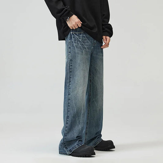 QICHE Men Lightning Crack Wash Flare Jeans American Vintage Loose Trendy Designer Denim Trousers