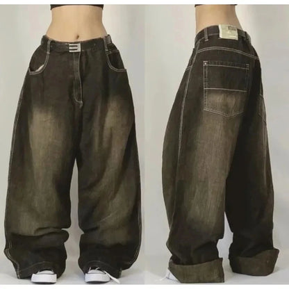 Y2K New Fashion Pink Pattern Patch Loose Jeans Women Gothic Harajuku Hip Hop Casual Joker Wide Leg Denim Trousers