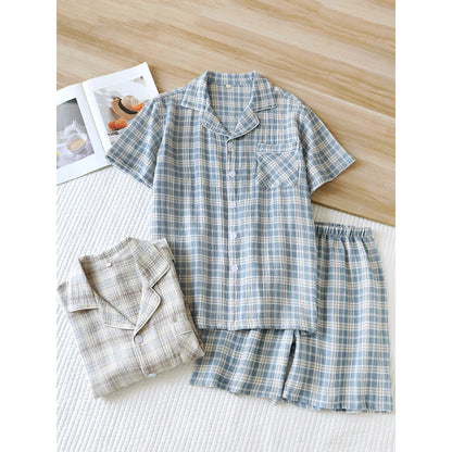 Men's 2-Piece Pajama Set - Plaid Sleepwear, Cotton Gauze Short Sleeve & Shorts, Lightweight & Breathable Relaxed Fit, S