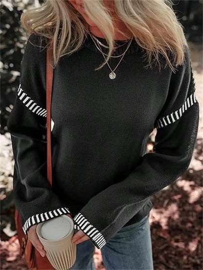Sweaters For Women Fashion Solid Crewneck Pullover Loose Fit Long Sleeve Contrast Cable Knit Sweater Jumper Top