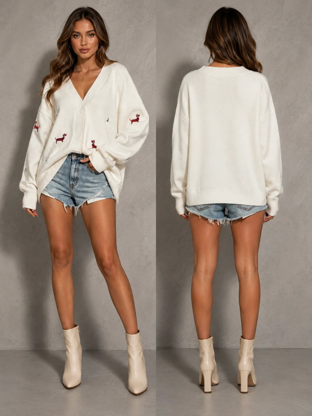 Dog Embroidery Oversized Knit Cardigan for Women, V‑Neck Button Down Long Sleeve Drop Shoulder Loose Sweater Jacket for Fall Winter Casual Outfits