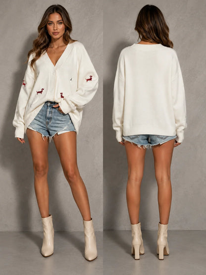Dog Embroidery Oversized Knit Cardigan for Women, V‑Neck Button Down Long Sleeve Drop Shoulder Loose Sweater Jacket for Fall Winter Casual Outfits