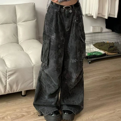 American retro high street design with snake pattern multi pocket workwear jeans for women high waisted and loose wide leg pants