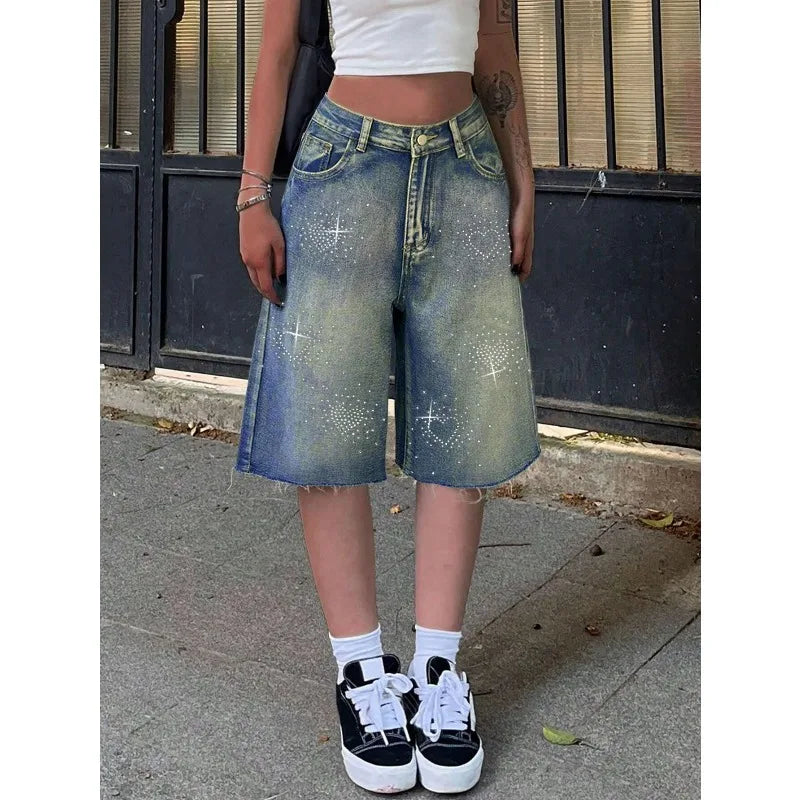 Shorts Female 2000s Jeans Women Jeans Denim Shorts Y2K Retro Slant Pocket Casual Wide Leg