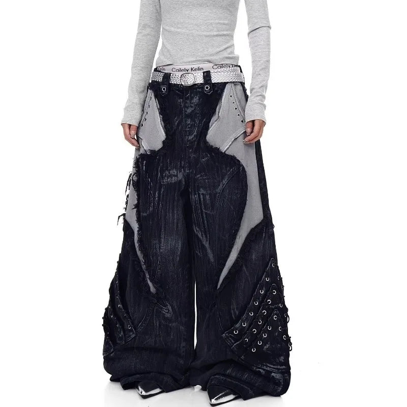 Y2K New American Vintage Old Stitching Burr Heavy Jeans Women Harajuku Baggy Wide-leg Pants Street Design Sense Pants