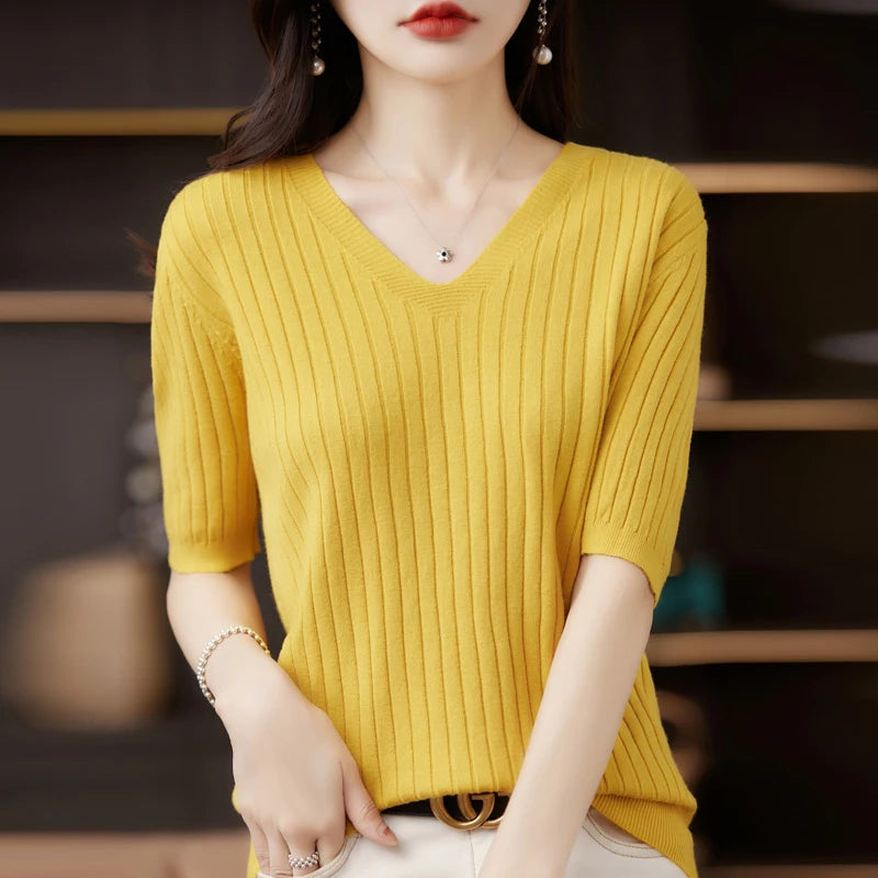 Women's Sweater Spring Summer Short Sleeve V-neck Knit Shirt Casual Pullovers Stripe Bottoming Shirt Slim Fit Jumpers