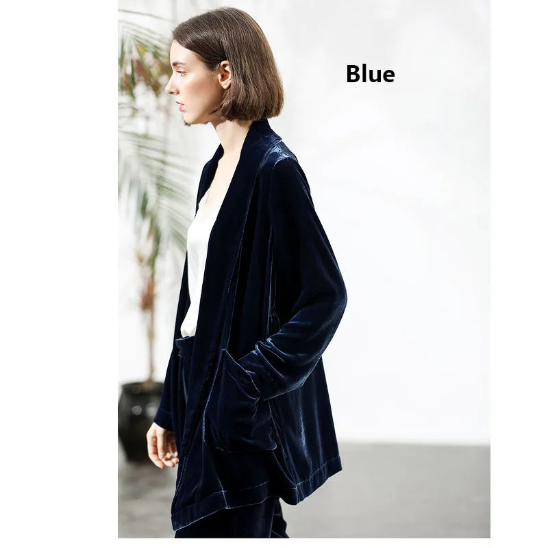Mulberry Silk Velvet Lady Coat Blue Cardigan Lace-up Top Temperament Generous Business Leisure Outdoor Travel Spring and Autumn